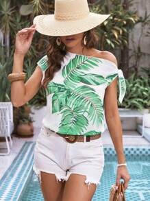 SHEIN VCAY Tropical Print Asymmetrical Neck Knot Side Blouse - White - View 5