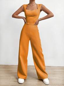 SHEIN Essnce Solid Asymmetrical Hem Tank Top & Wide Leg Trousers - Orange - View 3