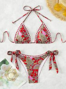 Paisley Print Halter Triangle Tie Side Bikini Set For Summer Beach Vacation