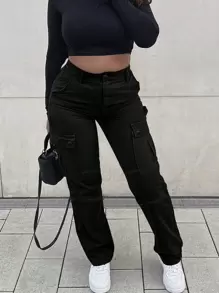 NVFelix Quần cargo nữ phong cách Y2K cổ điển mới - Thiết kế túi nắp chun, phong cách đường phố (Trang phục mùa thu), màu đen - màu đen - Xem 2