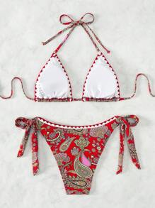 Paisley Print Halter Triangle Tie Side Bikini Set For Summer Beach Vacation