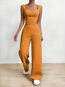 SHEIN Essnce Solid Asymmetrical Hem Tank Top & Wide Leg Trousers - Orange - View 5