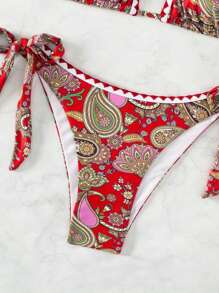 Paisley Print Halter Triangle Tie Side Bikini Set For Summer Beach Vacation