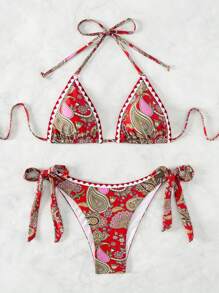 Paisley Print Halter Triangle Tie Side Bikini Set For Summer Beach Vacation