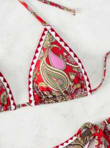Paisley Print Halter Triangle Tie Side Bikini Set For Summer Beach Vacation