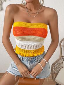 SHEIN VCAY Colorblock Frill Trim Tube Knit Top - Yellow - View 5