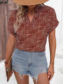 SHEIN Clasi Allover Print Notched Neck Batwing Sleeve Blouse - Brown - View 4