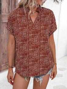 SHEIN Clasi Allover Print Notched Neck Batwing Sleeve Blouse - Brown - View 5