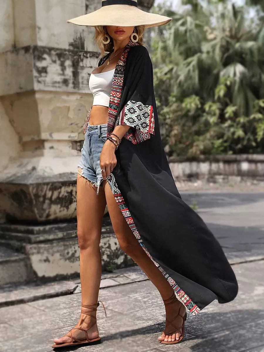 Geo Print Batwing Sleeve Open Front Kimono,Summer Beach - Black - View 1