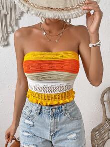 SHEIN VCAY Colorblock Frill Trim Tube Knit Top - Yellow - View 6