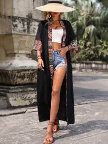 Geo Print Batwing Sleeve Open Front Kimono,Summer Beach - Black - View 4