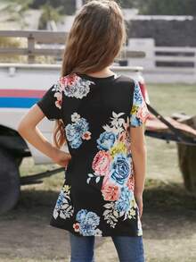 Cô gái Tween In hoa Viền xoay tròn Áo thun - màu đen - Xem 2