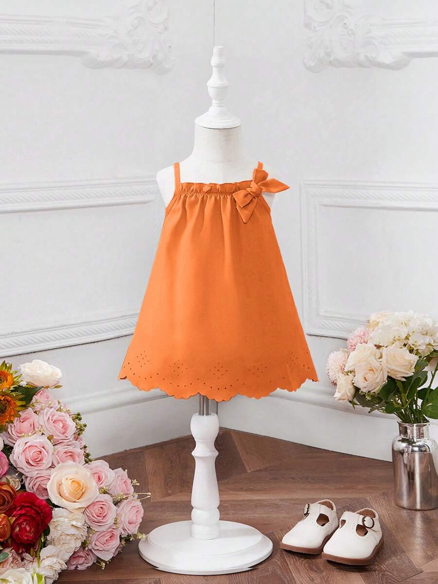 SHEIN Đầm em bé Nơ Bướm Sò điệp Tranh thêu màu trơn - trái cam - Xem 1