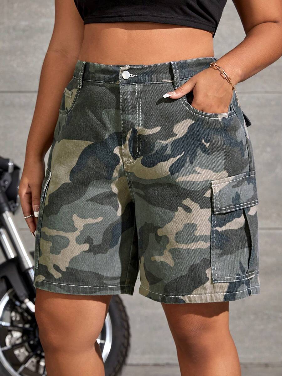 SHEIN EZwear Knapp Ficka Dragkedja Maskering Plus Size Denim Shorts - Multifärgad - Visa 1