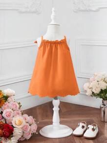 SHEIN Đầm em bé Nơ Bướm Sò điệp Tranh thêu màu trơn - trái cam - Xem 2