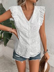 SHEIN Privé Eyelet Embroidery Ruffle Trim Button Front Blouse - White - View 5
