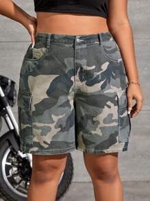 SHEIN EZwear Knapp Ficka Dragkedja Maskering Plus Size Denim Shorts - Multifärgad - Visa 6