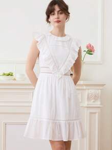 Simple Retro Solid Ruffle Trim Lace Trim Dress - White - View 1