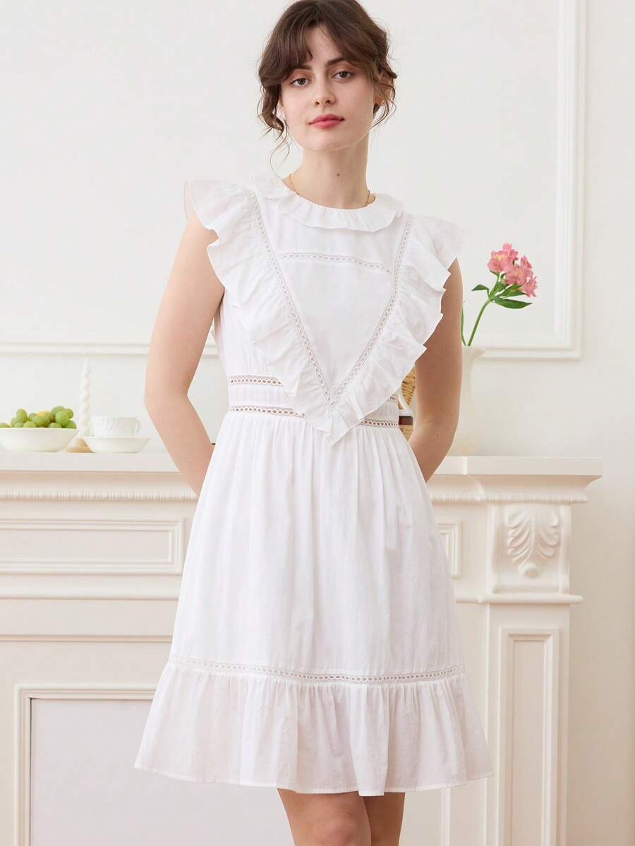 Simple Retro Solid Ruffle Trim Lace Trim Dress - White - View 1