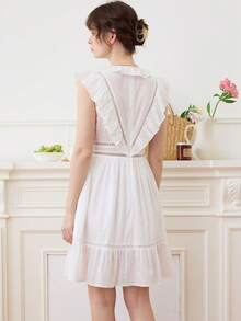 Simple Retro Solid Ruffle Trim Lace Trim Dress - White - View 2