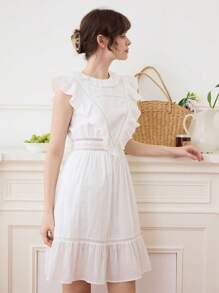Simple Retro Solid Ruffle Trim Lace Trim Dress - White - View 4