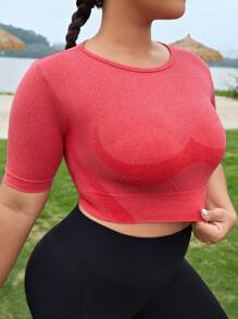 Plus Seamless High Stretch Solid Crop Sports Tee - Red - View 1