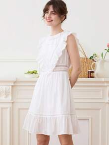 Simple Retro Solid Ruffle Trim Lace Trim Dress - White - View 7