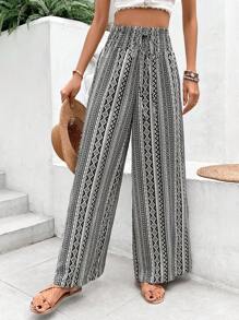 SHEIN VCAY Geo Print Tie Waist Wide Leg Trousers - Black and White - View 6