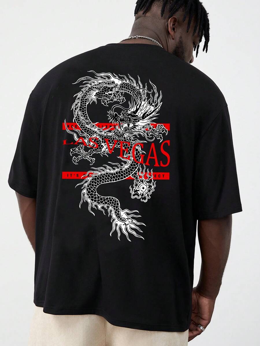 Manfinity RebelGame Men Plus Cotton Dragon & Letter Graphic Tee - Black - View 1