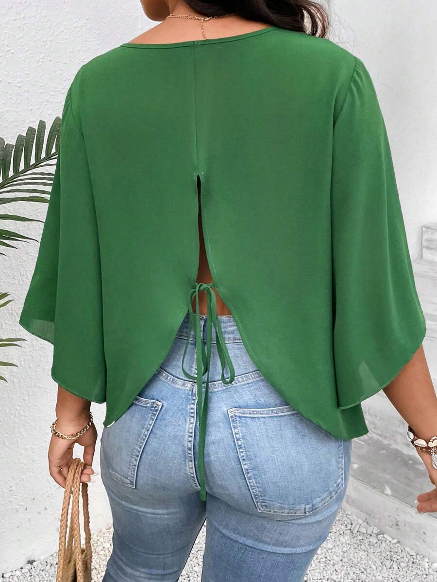 SHEIN LUNE Plus Solid Tie Back Blouse - Green - View 1