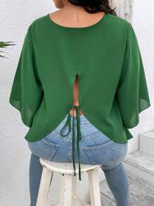 SHEIN LUNE Plus Solid Tie Back Blouse - Green - View 2