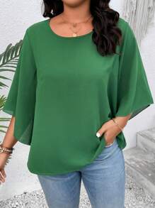 SHEIN LUNE Plus Solid Tie Back Blouse - Green - View 3