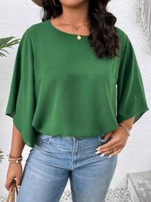 SHEIN LUNE Plus Solid Tie Back Blouse - Green - View 6