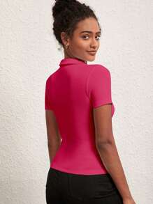 SHEIN BASICS 素色修身T恤 - 玫紅色 - 查看 2