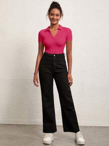 SHEIN BASICS 素色修身T恤 - 玫紅色 - 查看 3