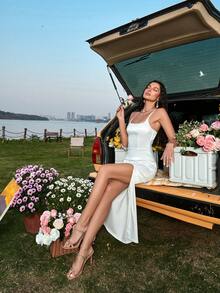 細肩帶高衩緞面正式晚禮服 - 白色 - 查看 4