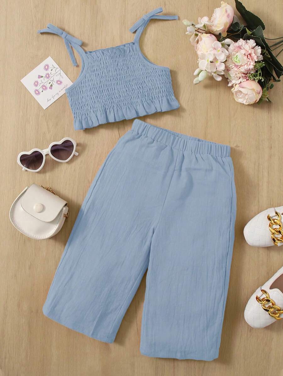 SHEIN 嬰兒肩上打結吊帶上衣和闊腿褲 - 淺藍色 - 查看 1