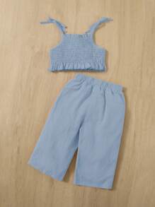 SHEIN 嬰兒肩上打結吊帶上衣和闊腿褲 - 淺藍色 - 查看 4