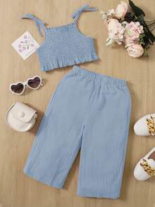 SHEIN 嬰兒肩上打結吊帶上衣和闊腿褲 - 淺藍色 - 查看 5