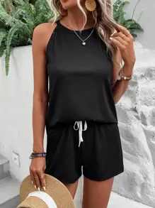 SHEIN LUNE Solid Halter Top & Knot Front Track Shorts - Black - View 3