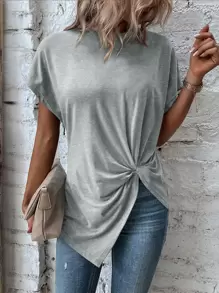 SHEIN LUNE Áo thun nữ xoắn lại màu trơn Giải trí - Màu Xám nhạt - Xem 1