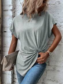 SHEIN LUNE Áo thun nữ xoắn lại màu trơn Giải trí - Màu Xám nhạt - Xem 4