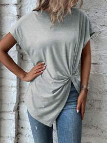 SHEIN LUNE Áo thun nữ xoắn lại màu trơn Giải trí - Màu Xám nhạt - Xem 5