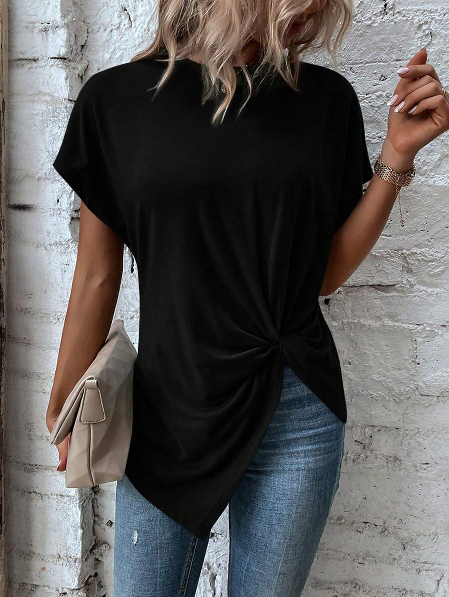 SHEIN LUNE Twist Asymmetrical Hem Dolman Sleeve Tee - Black - View 1