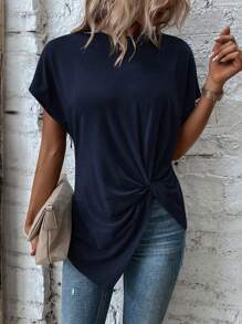 EMERY ROSE Twist Asymmetrical Hem Dolman Sleeve Tee - Navy Blue - View 1