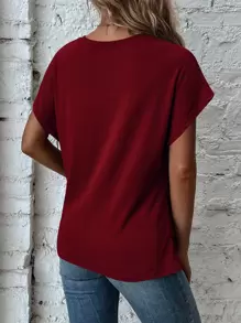 SHEIN LUNE Áo thun nữ xoắn lại màu trơn Giải trí - Màu Đỏ Sâu - Xem 2