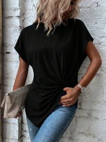 SHEIN LUNE Twist Asymmetrical Hem Dolman Sleeve Tee - Black - View 4