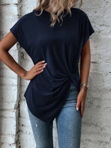 EMERY ROSE Twist Asymmetrical Hem Dolman Sleeve Tee - Navy Blue - View 5
