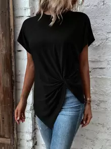 SHEIN LUNE Twist Asymmetrical Hem Dolman Sleeve Tee - Black - View 6