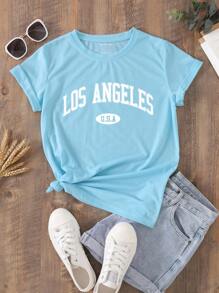 SHEIN LUNE 字母圖案T恤 - 薄荷藍 - 查看 1